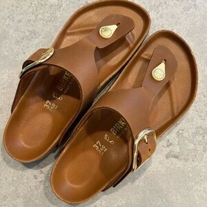 Birkenstock Cognac Sandals with Gold Buckle